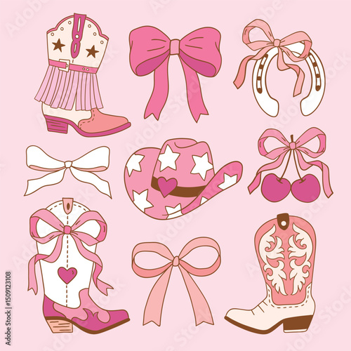 Set of hand drawn pink vector bows and western boots for clipart sticker or nursery design.