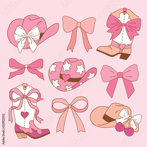 Set of hand drawn pink vector bows and western boots for clipart sticker or nursery design.