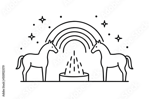 Two unicorns underneath a rainbow at a fountain