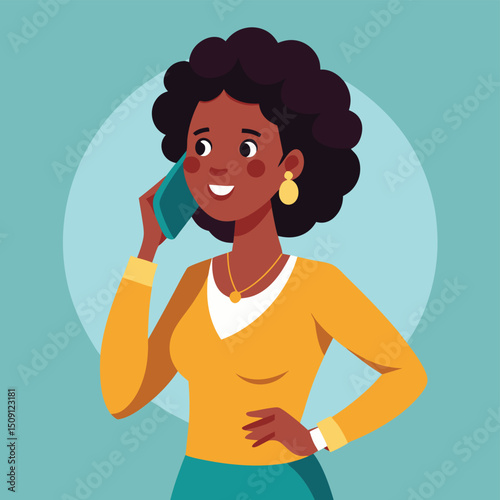 Discover a stylish flat vector illustration of an African American woman engaged in a phone conversation, embodying modern communication.

