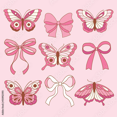 Set of hand drawn pink vector bows and butterfly for clipart sticker or nursery design.