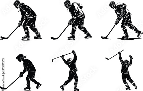 Dynamic Ice Hockey Player Silhouettes Action Poses for Graphic Design
