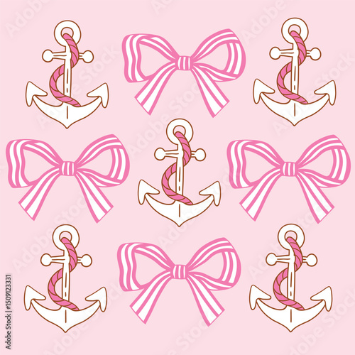 Set of hand drawn pink vector bows and anchor for clipart sticker or nursery design.