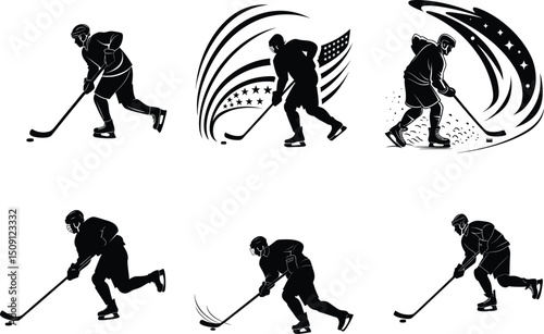Dynamic Hockey Player Silhouettes Action-Packed Ice Hockey Illustrations