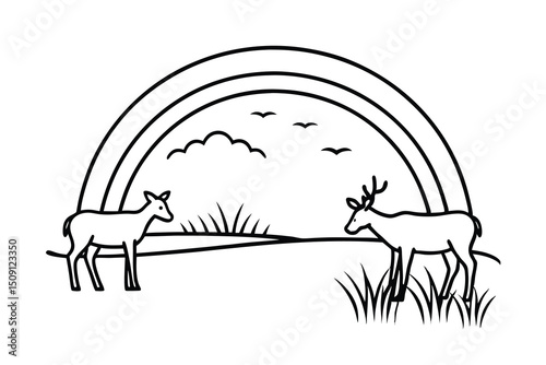 Rainbow over field with deer and doe idyllic nature scene