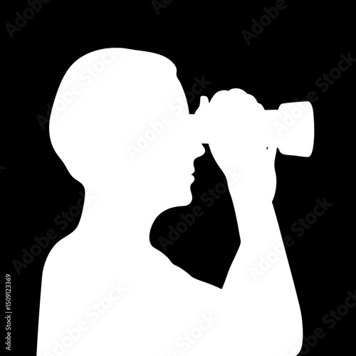 Silhouette of a person using binoculars against a stark black background