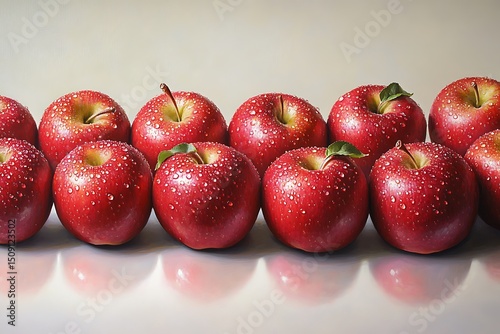Lush red apples glistening with water droplets, arranged in a gentle arc on a smooth white surface, light reflecting softly off their glossy skin 