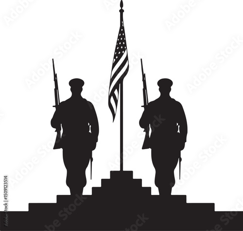 Memorial or independence day silhouette of military army with weapons, usa men soldiers with rifle, salute soldier and american veteran.