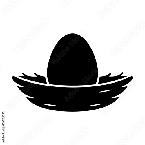 A monochrome illustration of an egg nestled in a bird's nest
