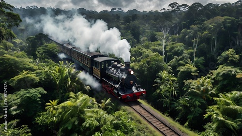 Aerial view of a vintage steam train traveling through a dense, lush rainforest jungle.