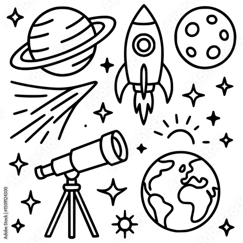 Vector Line Art of Space Rocket and Telescope Exploring Planet Moon, Stars, and Cosmic Night Sky in Universe: Celestial Astronomy Adventure in Black and White Illustration
