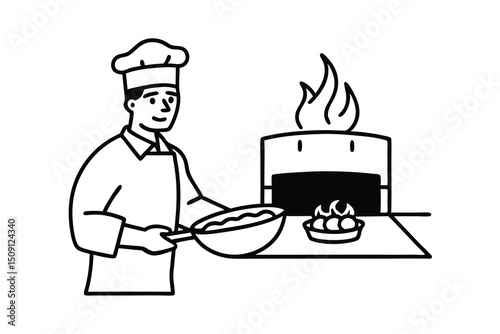Chef cooking delicious food in kitchen oven