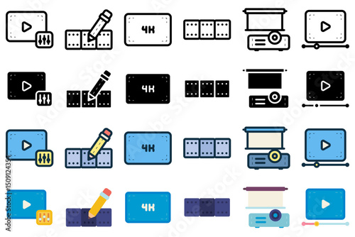 Video editing icon set related to movie, film, setting, film editing, resolution, projector, editor, and others. vector illustration line, outline, glyph, lineal color, flat style