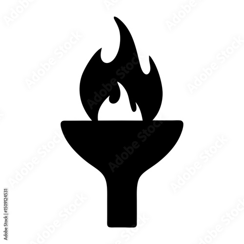 Black silhouette of a torch with burning flames, isolated on white background