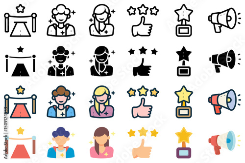 Celebrity icon set related to red carpet, actor, actress, premier, rating, excellent, trophy, announcement, megaphone, and others. vector illustration with line, outline, glyph, lineal color, and flat