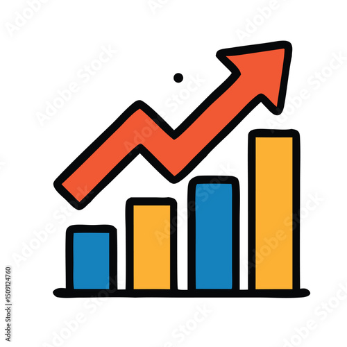 An illustration shows a bar graph with a red arrow trending upwards, symbolizing business growth, financial success, and overall positive progress in the market or economy.
