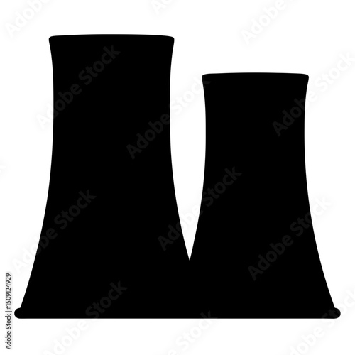 Silhouette of a nuclear power plant cooling towers against a white background