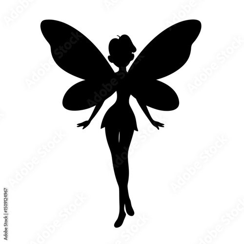 Silhouette of a Fairy with Delicate Wings Standing Gracefully on White Background