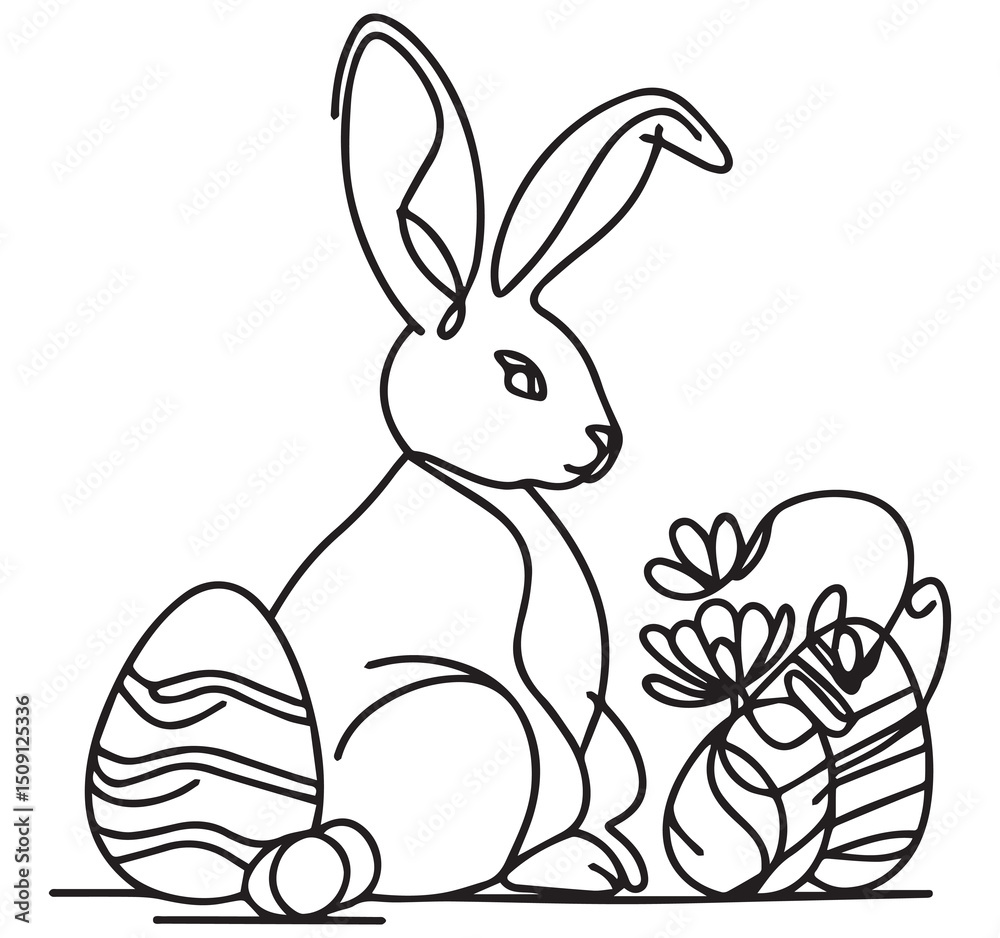 Fototapeta premium Easter Bunny Line Art: Minimalist Rabbit with Decorated Eggs and Flowers Illustration for Spring Holiday Coloring Pages & Crafts