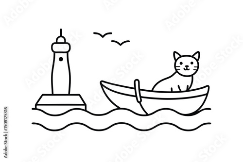 Cute cat in a little boat sailing by a lighthouse