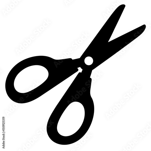 Graphic black and white image of an open pair of scissors
