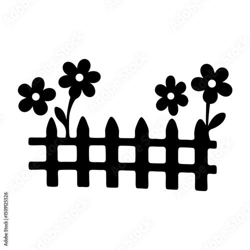 Black and White Garden Scene with Flowers Behind a Wooden Fence