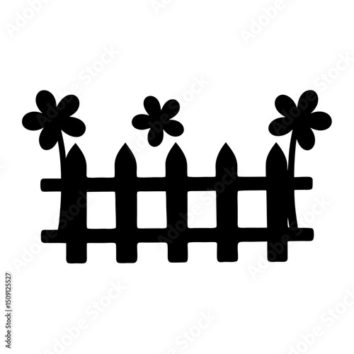 Simple graphic of a picket fence with flowers in black silhouette