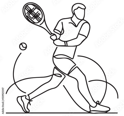 Tennis Player Line Art Illustration: Minimalist Sports Graphic of Athlete Hitting Ball with Racket, Vector Design for Print and Web Use