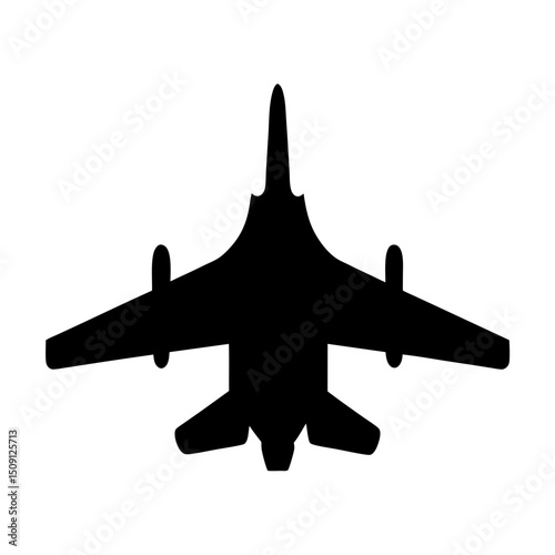 Silhouette of a modern fighter jet viewed from above against white background