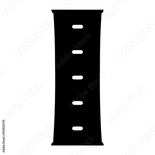 Stylized black silhouette of a retail display stand with graphic cutouts