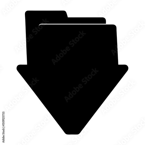 Black silhouette of file folder and downward pointing arrow symbol illustration