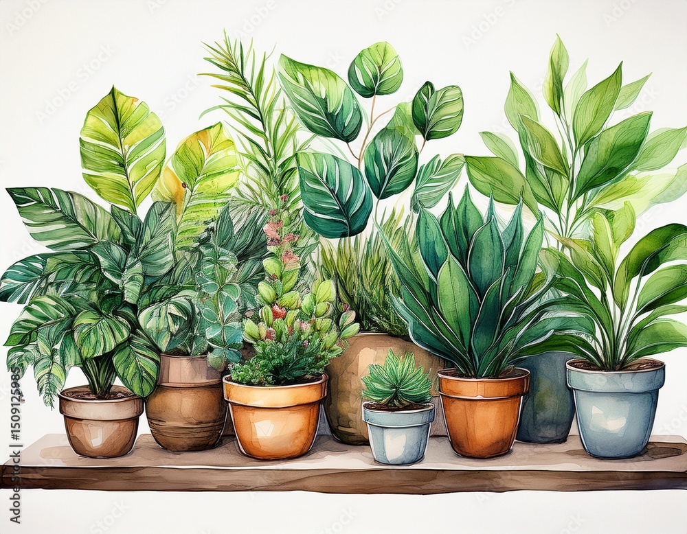 Fototapeta premium watercolor illustration depicting several potted plants on a white background
