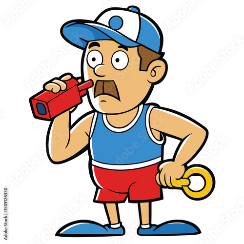 Lifeguard blowing whistle at crowded swimming pool