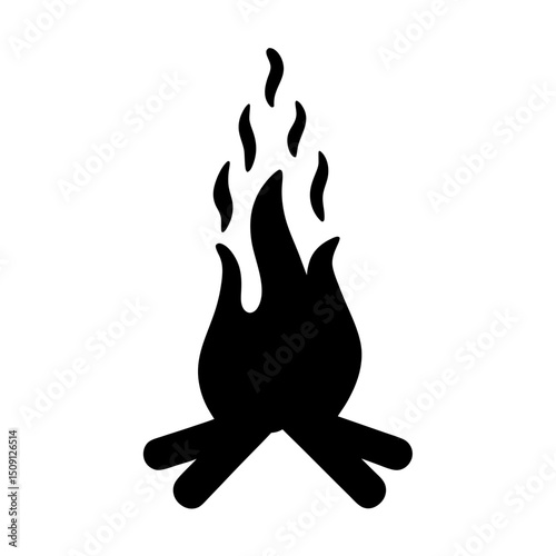 Campfire illustration in black silhouette on white background for camping or warmth