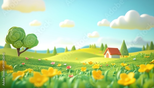 Lush Green Meadow Landscape With Flowers, Trees, And Blue Skies In The Countryside: Perfect Summer Village Scene For Wallpaper