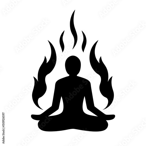 Silhouette of a meditating person surrounded by fire, representing inner strength