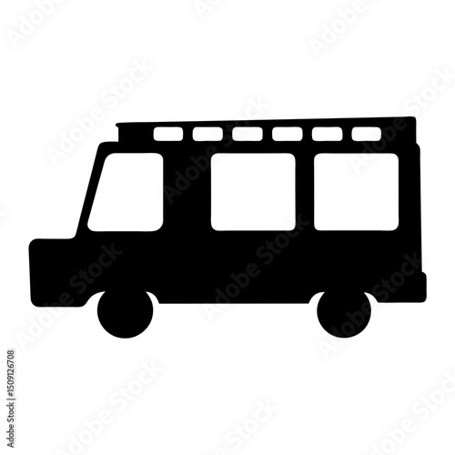 Black silhouette illustration of a small bus or van with windows