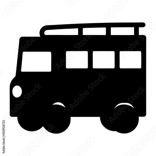 Black silhouette of a retro camper van with a roof rack