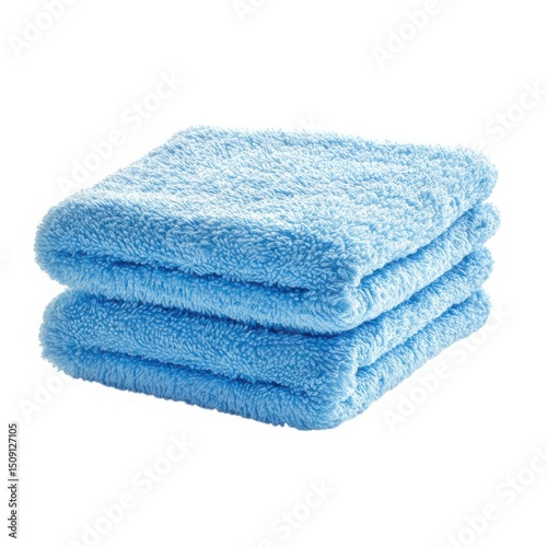 Stack of three soft blue terrycloth towels isolated on white background