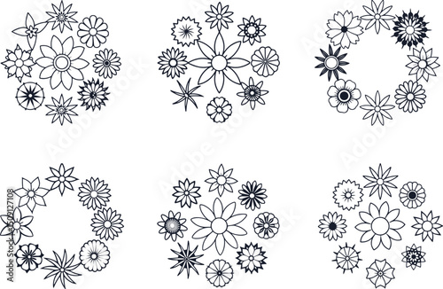 Floral Circle Pattern: A collection of delicate line-drawn floral circle patterns, artfully arranged to create an elegant display, offering versatility for design and decorative projects. 