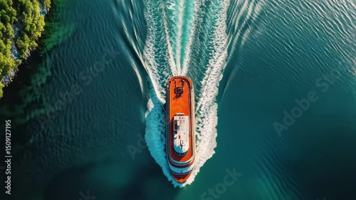 Breathtaking aerial view of ferry boat navigating through Geirangerfjord surrounded by lush greenery, Beautiful Aerial View of Ferry Boat in Geirangerfjord, Norway The Great Fjord