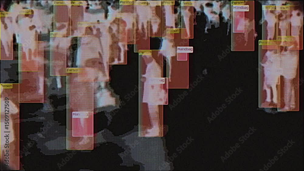 Crowd Control Visuals 4K AI crowd surveillance with red bounding boxes and inverted heatmap ...
