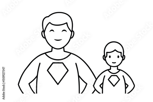Super dad and son superhero team cartoon illustration
