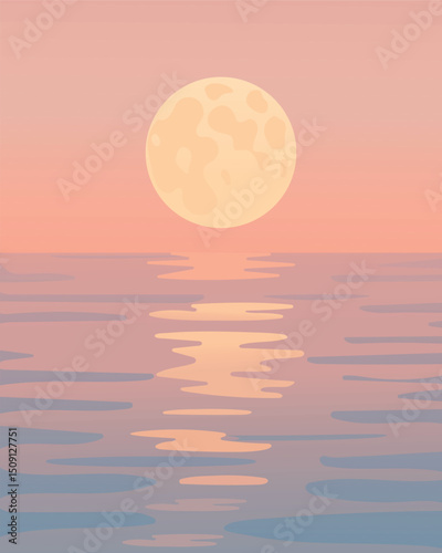 Vector minimalist seascape with full moon and soft pastel sunset. Calm water reflection, abstract ocean view in flat design style. Perfect for backgrounds and creative projects.