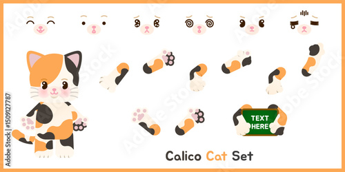 A set of adorable calico cat clipart with 7 facial expressions and 6 arm poses. Ideal for presentations, teaching tools, educational materials, and creative visual projects.