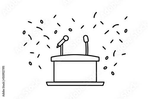 Podium with microphones and confetti celebration success speech presentation