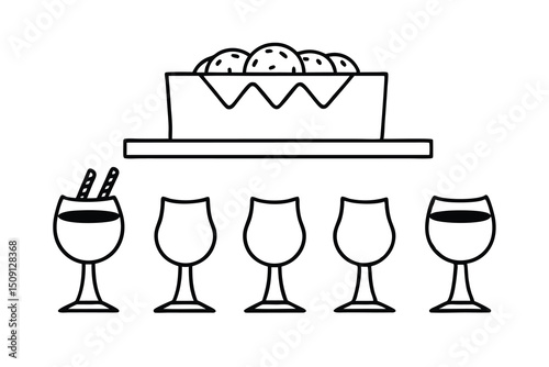 Delicious chocolate dessert and wine glasses party setup