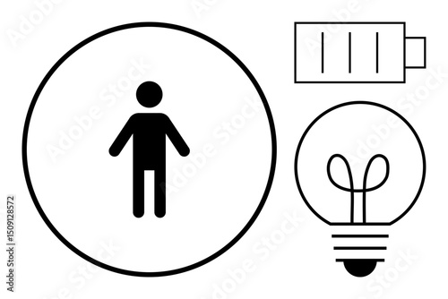 Human figure in circle, light bulb, and battery symbolizing energy, ideas, and efficiency. Ideal for energy management, productivity, sustainability, creativity innovation human potential