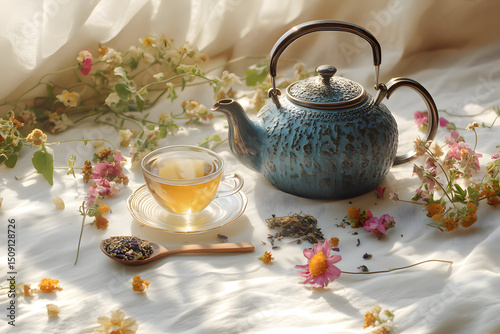 afternoon tea picnic setting. A cup of dried flowers herbal infusion tea, tea kettle, Aesthetic cozy and Natural scene. 