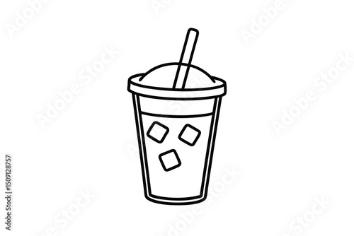 Iced beverage in a plastic cup with straw and ice cubes